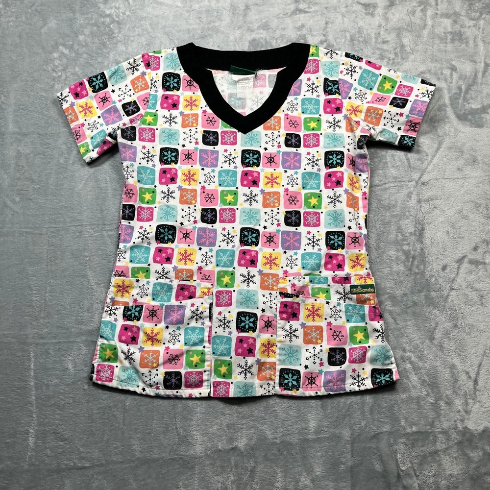 UA Scrubs Scrub Top Women Multicolor Snowflake Star V-Neck Short Sleeve Size M